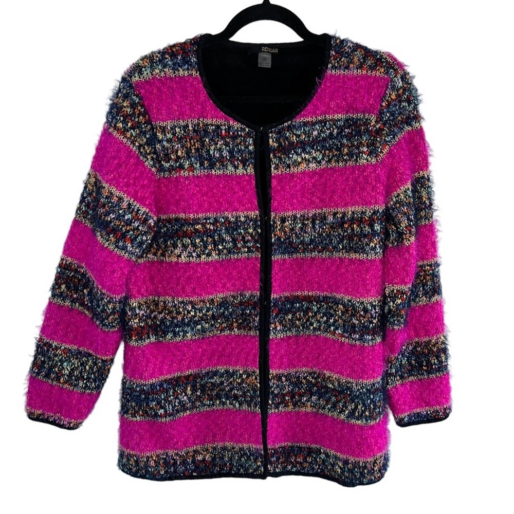 Pink Striped Fleece Lining Vintage Knit Sweater Cardigan L